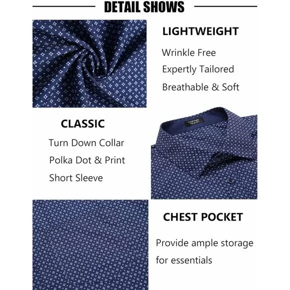Blue square Men Short Sleeve Button Down Wrinkle Free Polka Dot Print Shirt